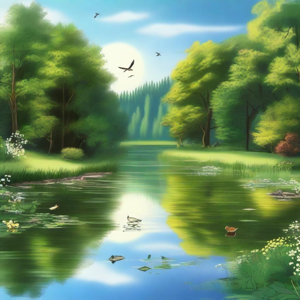 A serene and calming landscape featuring a peaceful river flowing through a lush forest