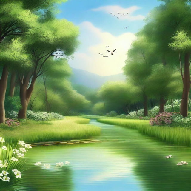 A serene and calming landscape featuring a peaceful river flowing through a lush forest