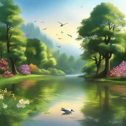 A serene and calming landscape featuring a peaceful river flowing through a lush forest