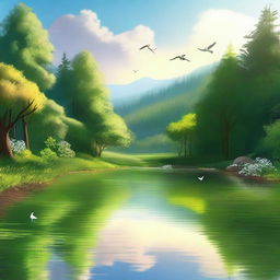 A serene and calming landscape featuring a peaceful river flowing through a lush forest