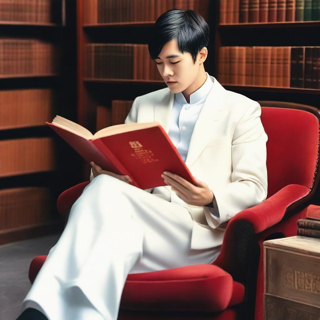 A young European man with short black hair is sitting on an armchair, wearing a white Zhongshang suit