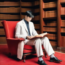 A young European man with short black hair is sitting on an armchair, wearing a white Zhongshang suit