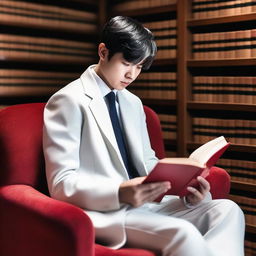 A young European man with short black hair is sitting on an armchair, wearing a white Zhongshang suit