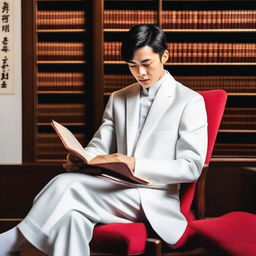 A young European man with short black hair is sitting on an armchair, wearing a white Zhongshang suit