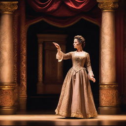 A historical actress wearing a period dress on stage, performing in a grand theater