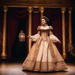 A historical actress wearing a period dress on stage, performing in a grand theater