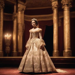 A historical actress wearing a period dress on stage, performing in a grand theater