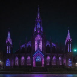 A striking church morphed by electropunk influence, glowing with neon lights, digital interfaces, and cybernetic components within its Gothic structure.