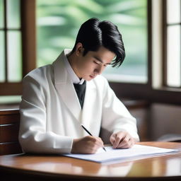 A young European man with short black hair is sitting at a desk, writing a letter