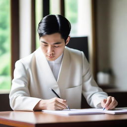 A young European man with short black hair is sitting at a desk, writing a letter