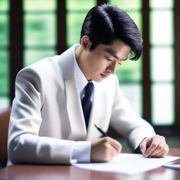 A young European man with short black hair is sitting at a desk, writing a letter