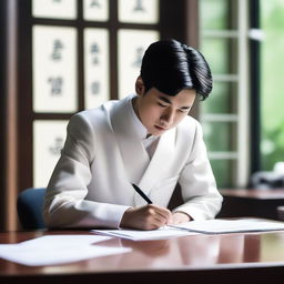 A young European man with short black hair is sitting at a desk, writing a letter