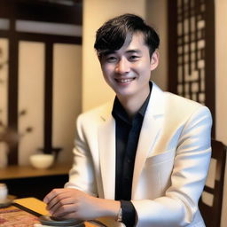 A young European man with short black hair, wearing a white Zhongshang suit, smiling and blessing people with his hand