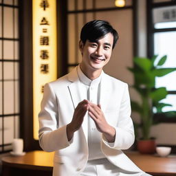 A young European man with short black hair, wearing a white Zhongshang suit, smiling and blessing people with his hand