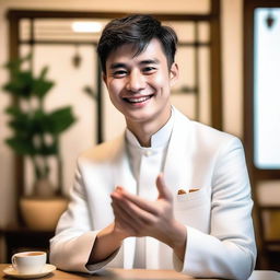 A young European man with short black hair, wearing a white Zhongshang suit, smiling and blessing people with his hand