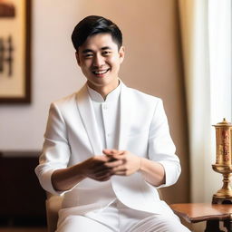 A young European man with short black hair, wearing a white Zhongshang suit, smiling and blessing people with his hand