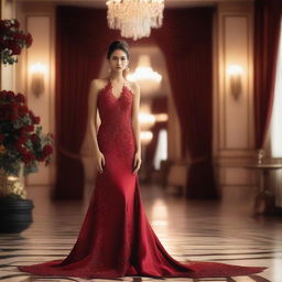 A person wearing an elegant red dress, standing in a sophisticated setting with soft lighting