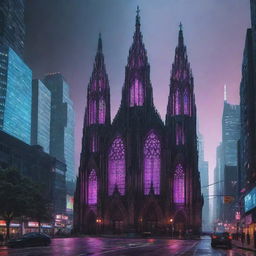 A magnificent church reimagined in a cyberpunk theme, bristling with neon-hued digital interfaces, looming skyscrapers, and bustling city vibe amidst Gothic architecture.