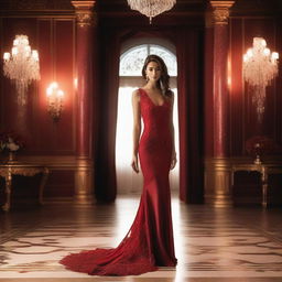 A person wearing an elegant red dress, standing in a sophisticated setting with soft lighting