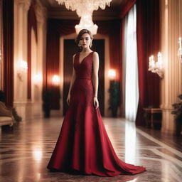 A person wearing an elegant red dress, standing in a sophisticated setting with soft lighting