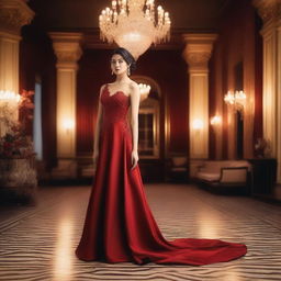 A person wearing an elegant red dress, standing in a sophisticated setting with soft lighting