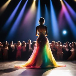 A person entering the stage wearing a stunning dress