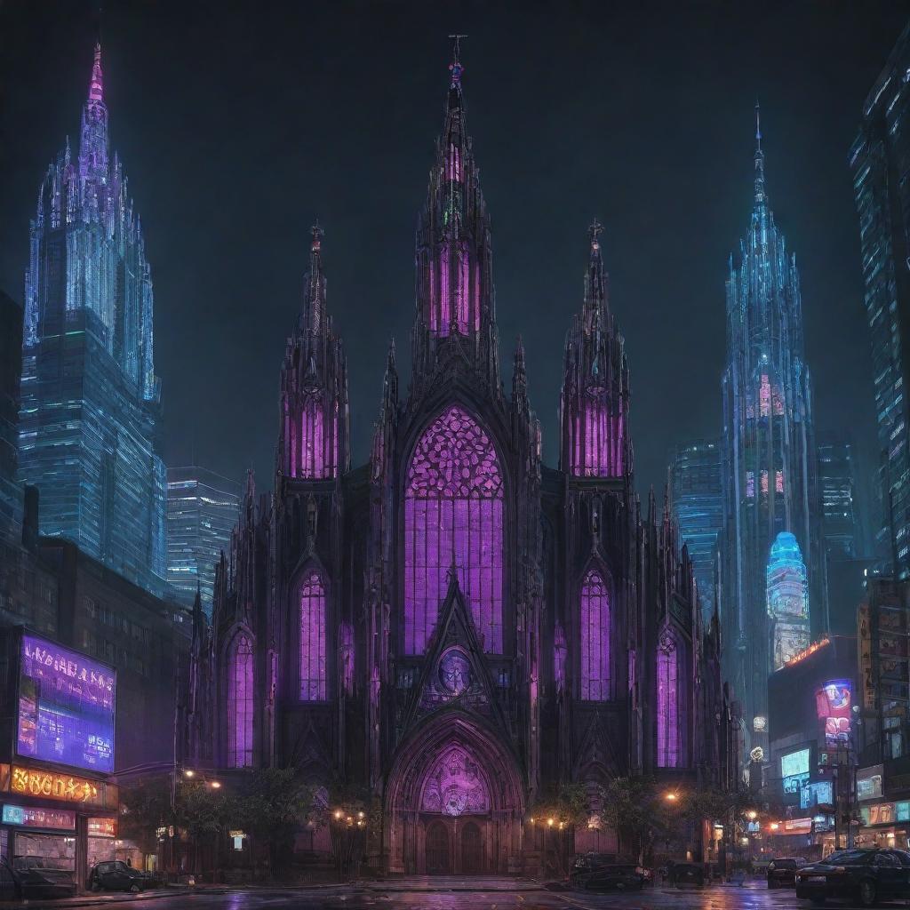 A magnificent church reimagined in a cyberpunk theme, bristling with neon-hued digital interfaces, looming skyscrapers, and bustling city vibe amidst Gothic architecture.