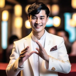 A young European man with short black hair, wearing a white Zhongshang suit, is smiling slightly and blessing people with his hand