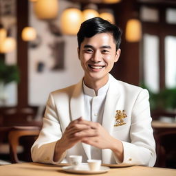 A young European man with short black hair, wearing a white Zhongshang suit, is smiling slightly and blessing people with his hand