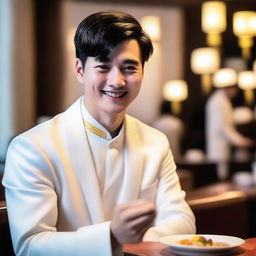 A young European man with short black hair, wearing a white Zhongshang suit, is smiling slightly and blessing people with his hand