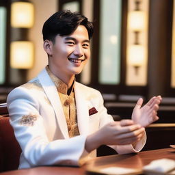 A young European man with short black hair, wearing a white Zhongshang suit, is smiling slightly and blessing people with his hand