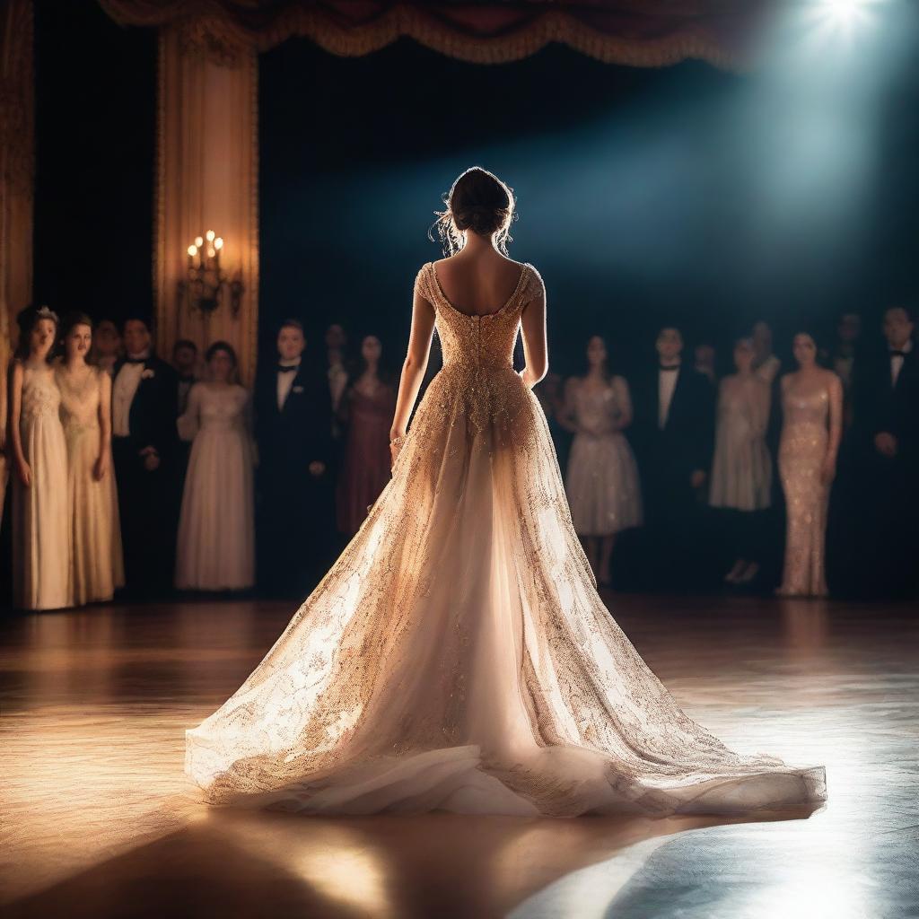 A woman is entering the stage, facing forward, wearing a beautiful dress