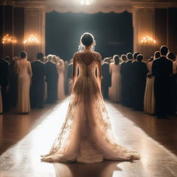 A woman is entering the stage, facing forward, wearing a beautiful dress