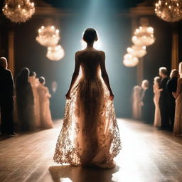 A woman is entering the stage, facing forward, wearing a beautiful dress