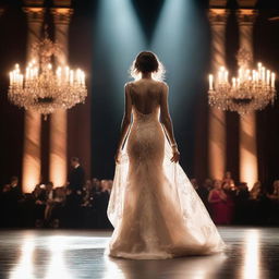 A woman is entering the stage, facing forward, wearing a beautiful dress