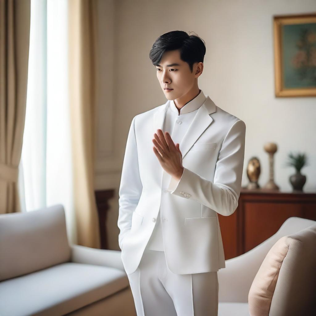 A young European man with short black hair wearing a white Zhongshang suit, standing in a European living room