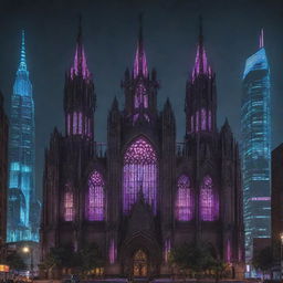 A magnificent church reimagined in a cyberpunk theme, bristling with neon-hued digital interfaces, looming skyscrapers, and bustling city vibe amidst Gothic architecture.