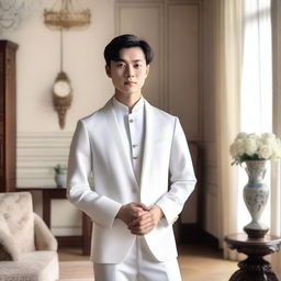 A young European man with short black hair wearing a white Zhongshang suit, standing in a European living room