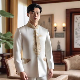 A young European man with short black hair wearing a white Zhongshang suit, standing in a European living room