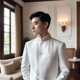 A young European man with short black hair wearing a white Zhongshang suit, standing in a European living room