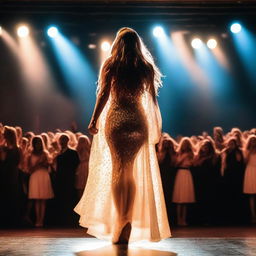 A person with long hair and a beautiful dress stepping onto a stage