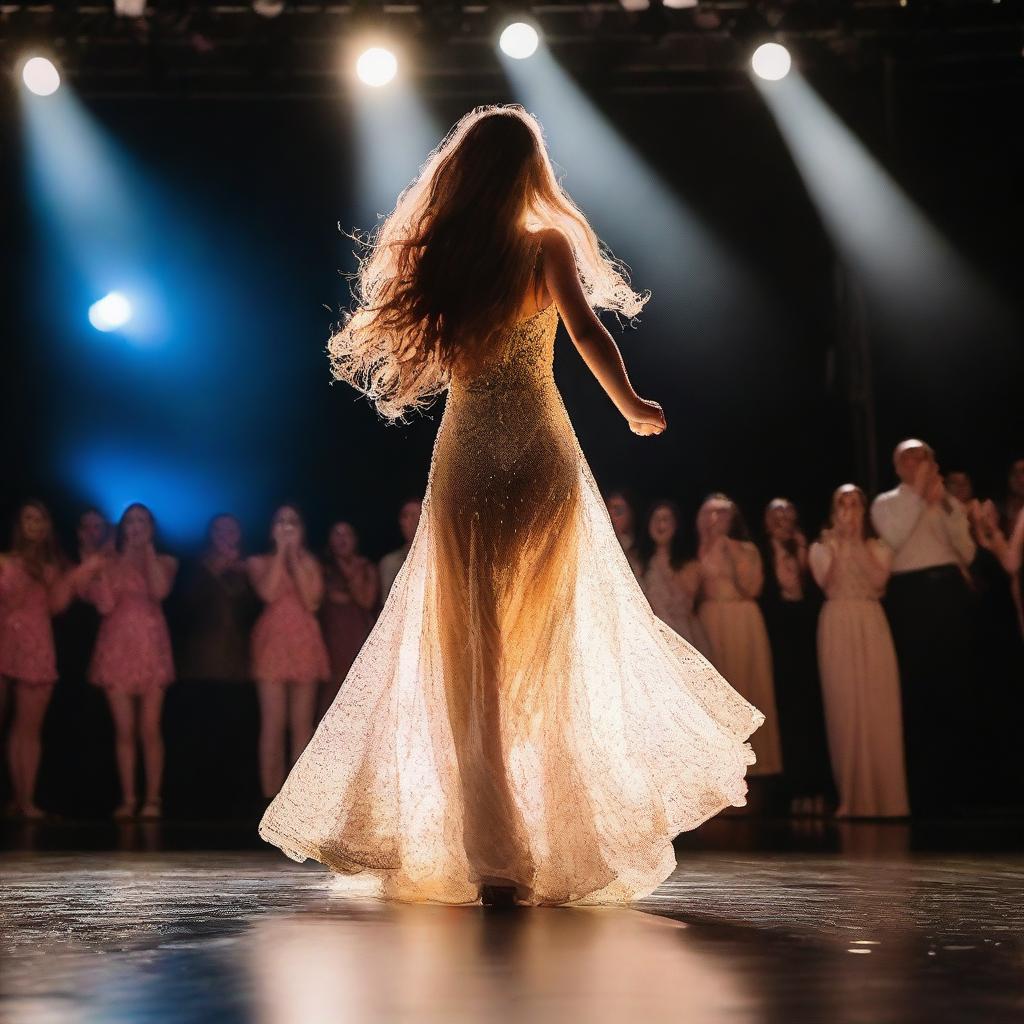 A person with long hair and a beautiful dress stepping onto a stage