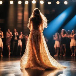 A person with long hair and a beautiful dress stepping onto a stage