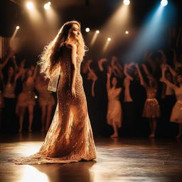 A person with long hair and a beautiful dress stepping onto a stage