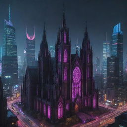 A magnificent church reimagined in a cyberpunk theme, bristling with neon-hued digital interfaces, looming skyscrapers, and bustling city vibe amidst Gothic architecture.