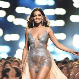 Uma atriz entrando no palco, usando um vestido lindo e elegante