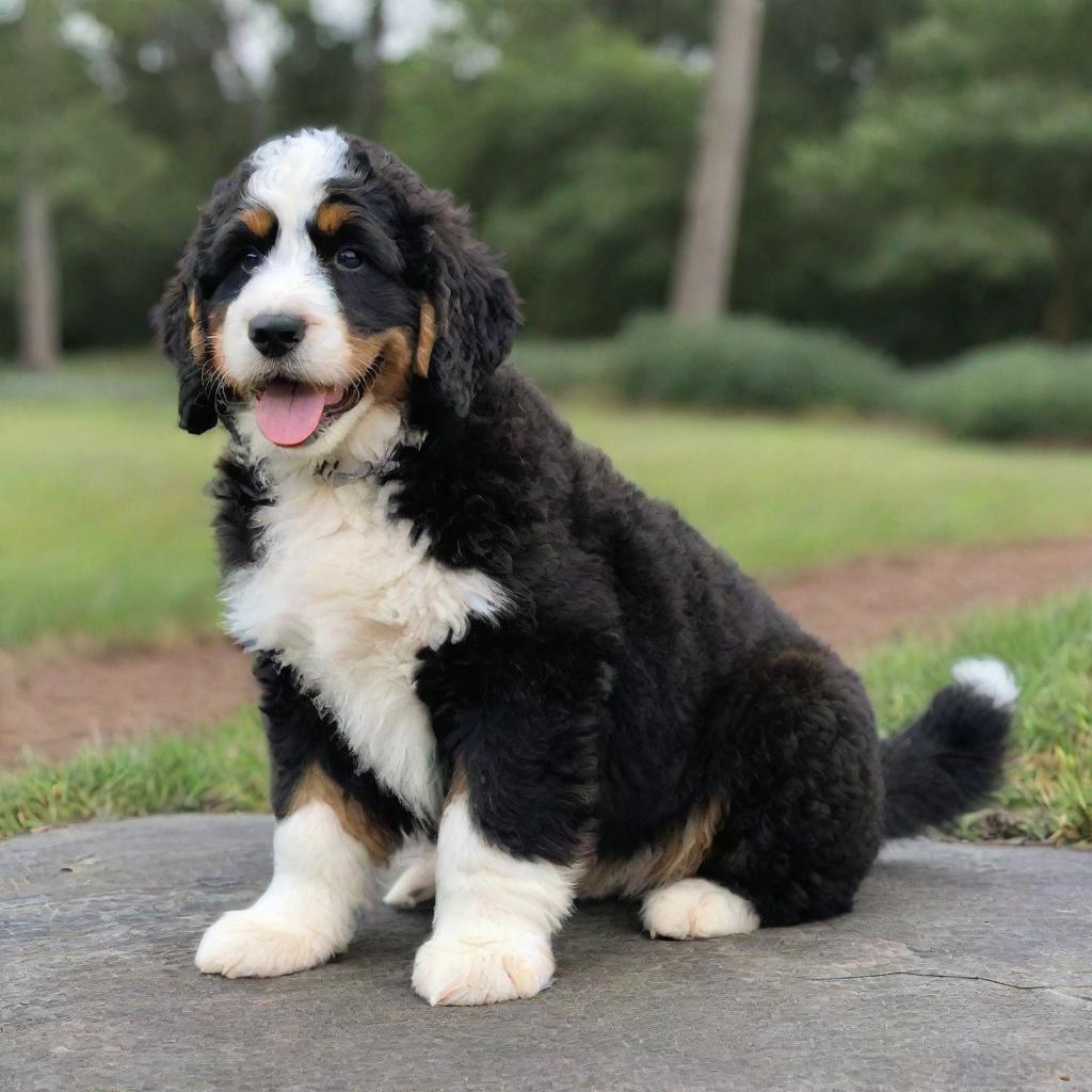 A phantom Bernedoodle, with its distinct black and white fur, a playful expression in its eyes, and a fluffy tail.