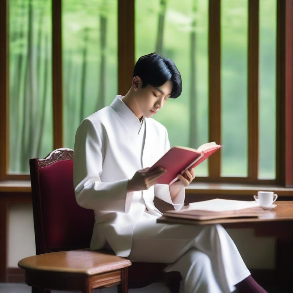 A young European man with short black hair is reading a red book while sitting at a desk