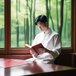 A young European man with short black hair is reading a red book while sitting at a desk