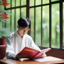 A young European man with short black hair is reading a red book while sitting at a desk